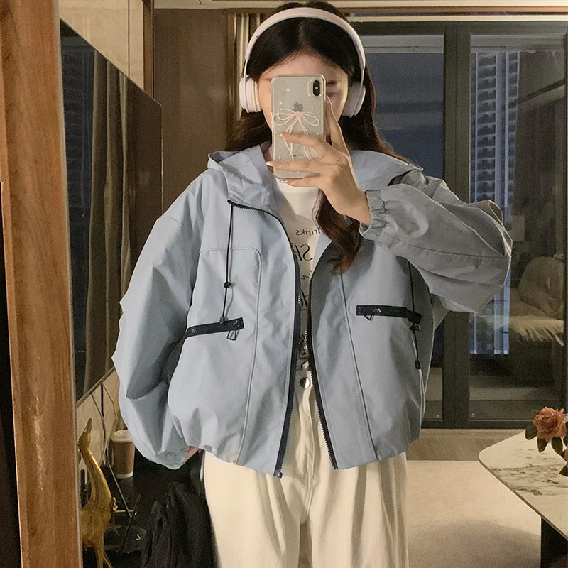 Short blue Casual jacket Korean style hooded tops