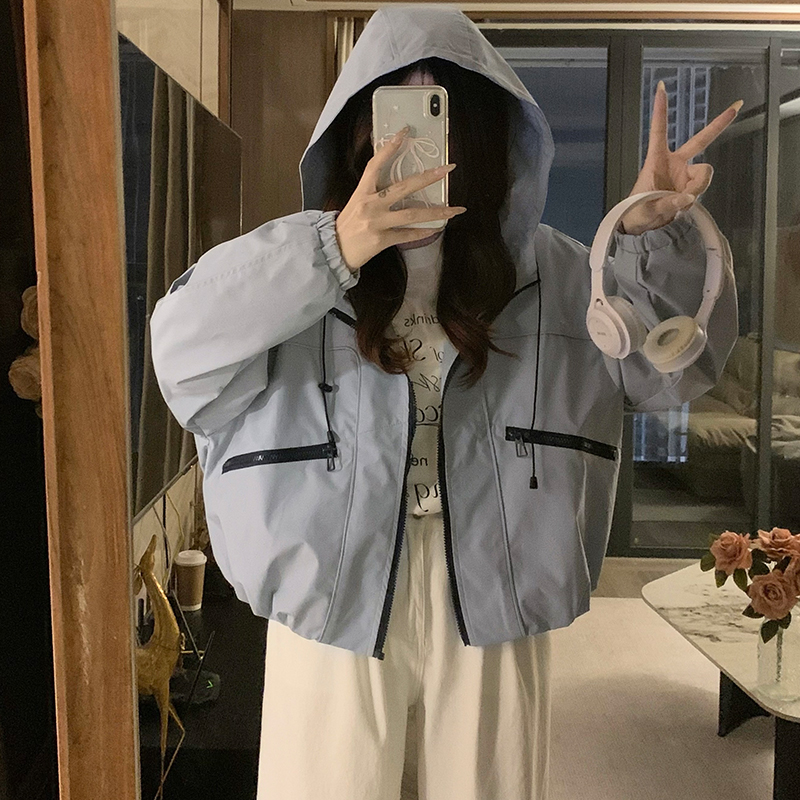 Short blue Casual jacket Korean style hooded tops