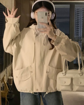 Loose beige Casual technical jacket hooded drawstring jacket