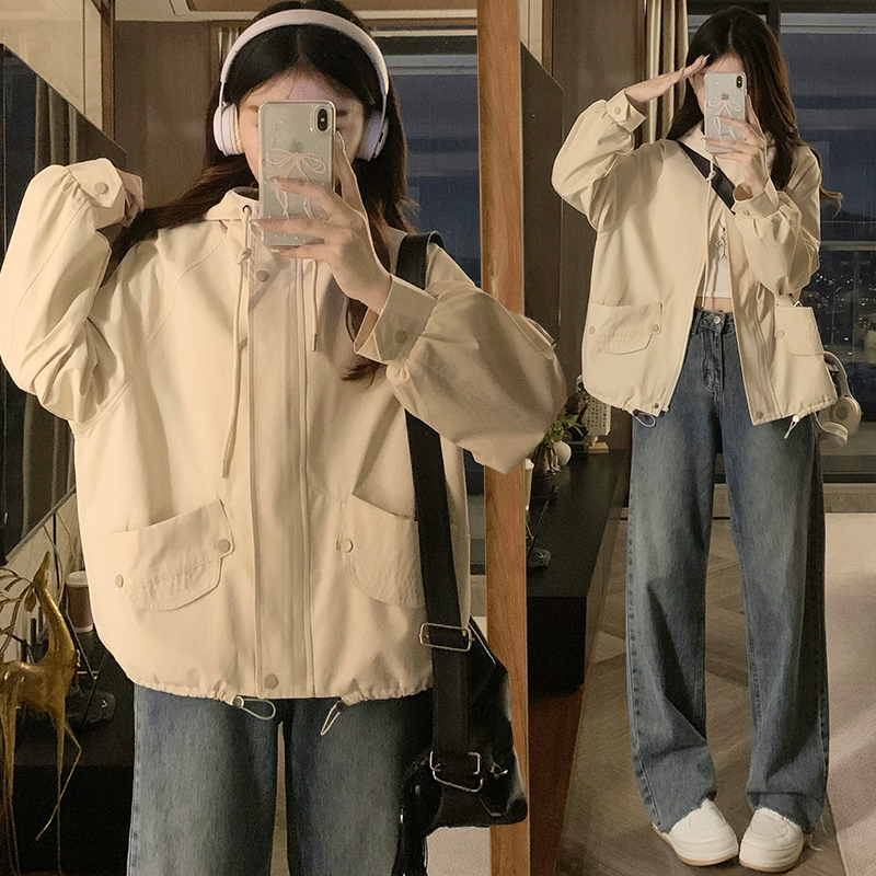 Loose beige Casual technical jacket hooded drawstring jacket