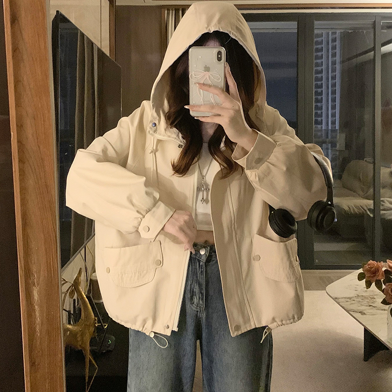 Loose beige Casual technical jacket hooded drawstring jacket