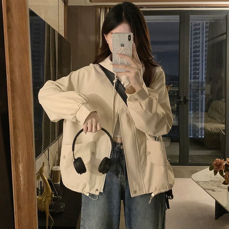 Loose beige Casual technical jacket hooded drawstring jacket