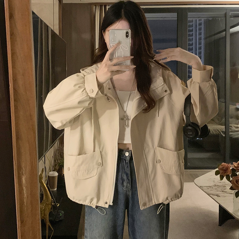 Loose beige Casual technical jacket hooded drawstring jacket
