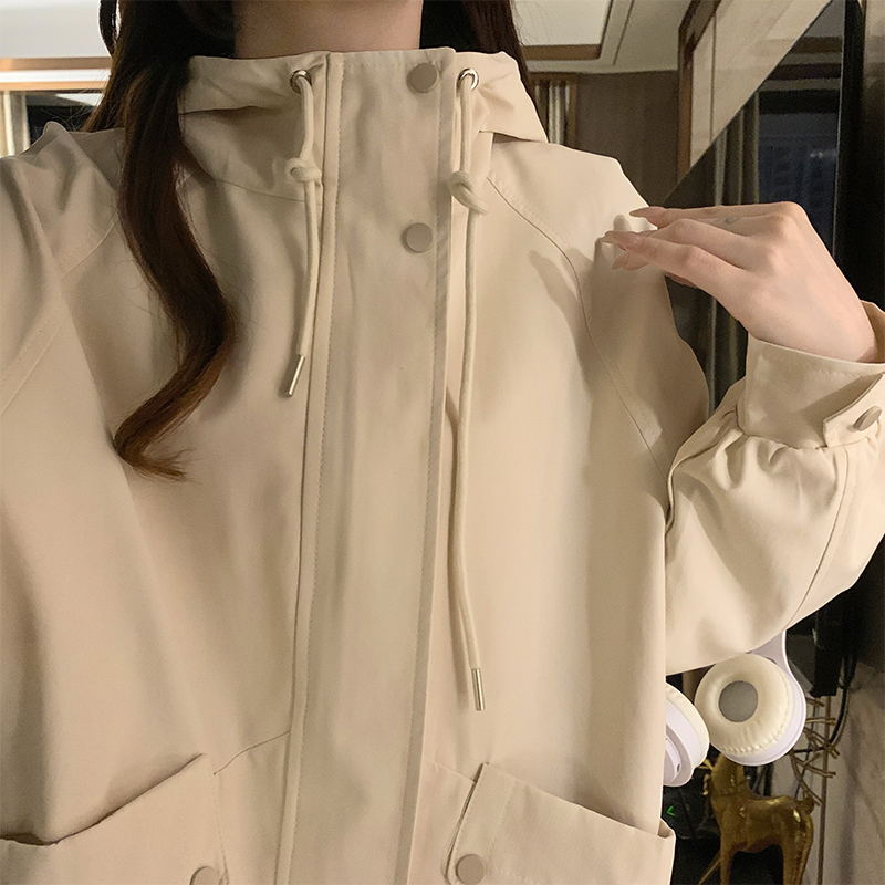 Loose beige Casual technical jacket hooded drawstring jacket