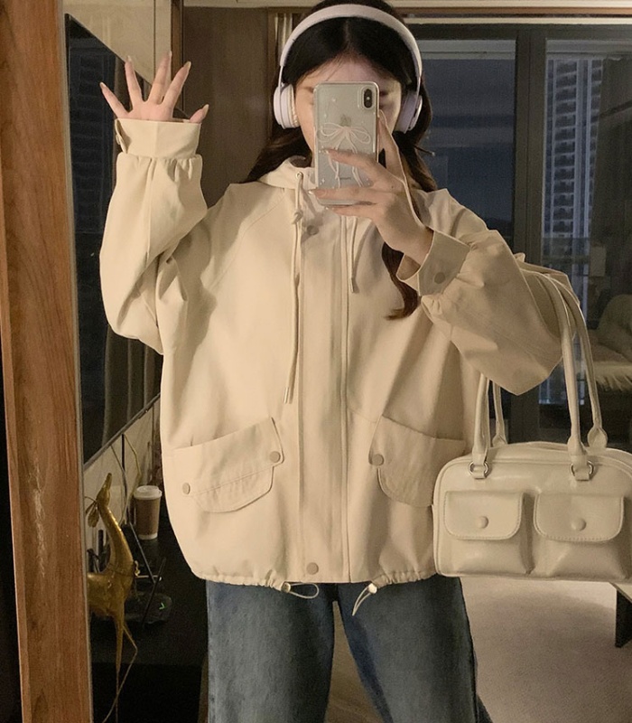 Loose beige Casual technical jacket hooded drawstring jacket