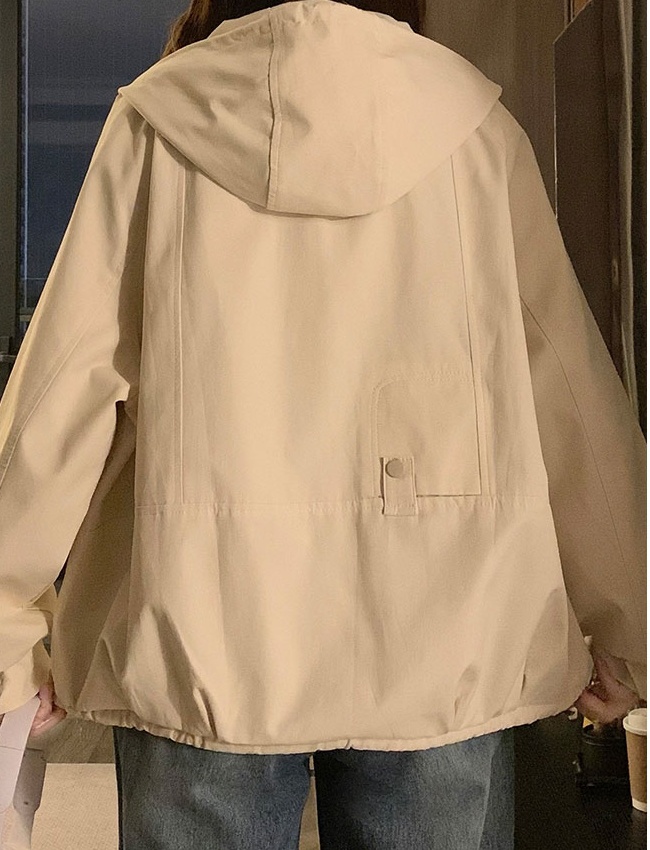 Loose beige Casual technical jacket hooded drawstring jacket