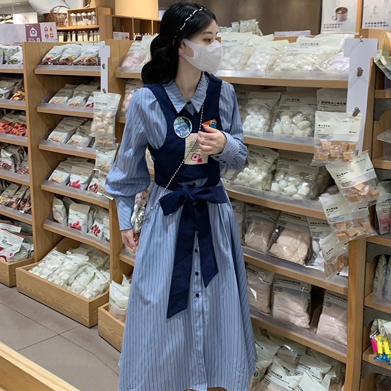 France style pinched waist shirt long sleeve stripe dress
