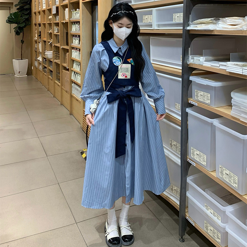 France style pinched waist shirt long sleeve stripe dress