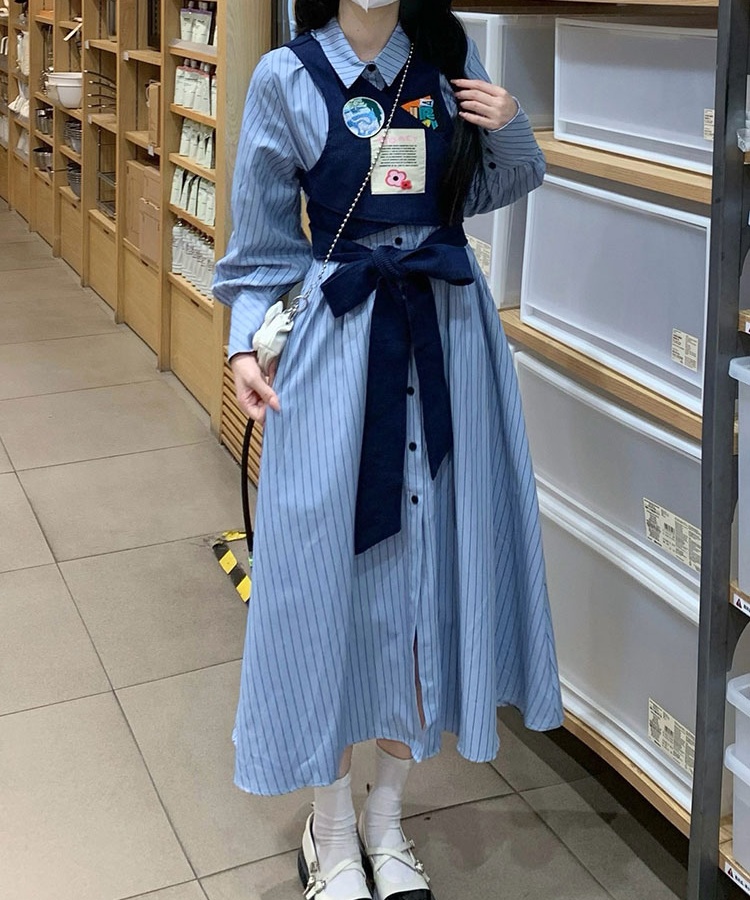 France style pinched waist shirt long sleeve stripe dress