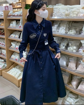 Pinched waist Pseudo-two frenum dress A-line autumn long dress