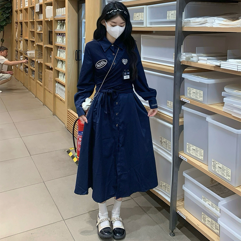 Pinched waist Pseudo-two frenum dress A-line autumn long dress