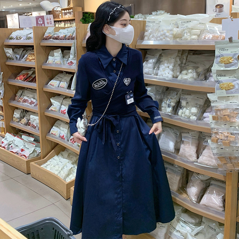 Pinched waist Pseudo-two frenum dress A-line autumn long dress