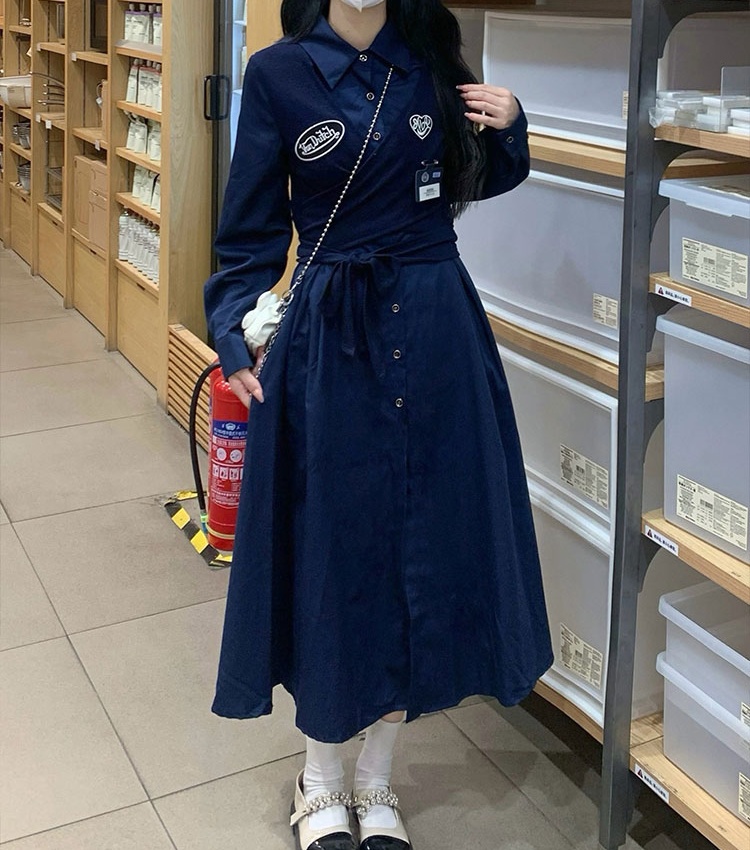 Pinched waist Pseudo-two frenum dress A-line autumn long dress
