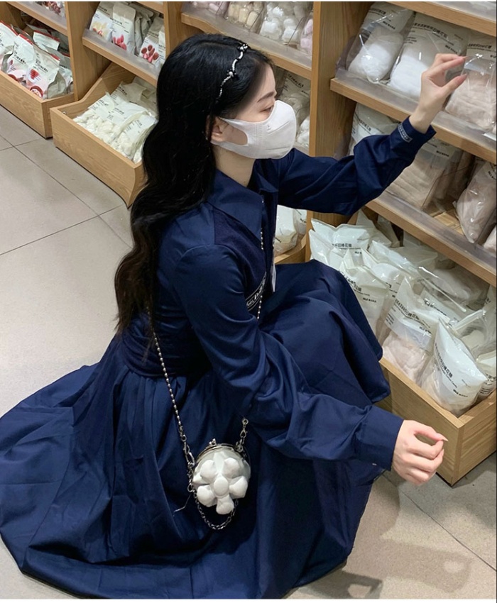 Pinched waist Pseudo-two frenum dress A-line autumn long dress