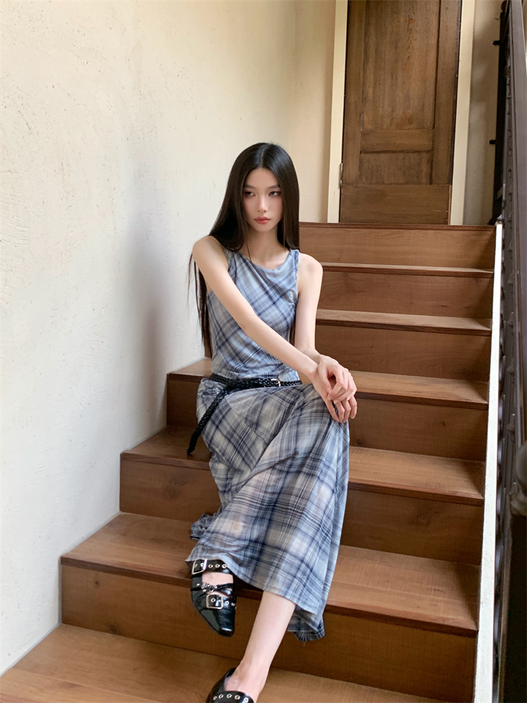 Retro sleeveless dress vacation style art long dress