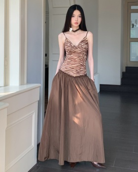 Pinched waist V-neck long dress sling splice dress