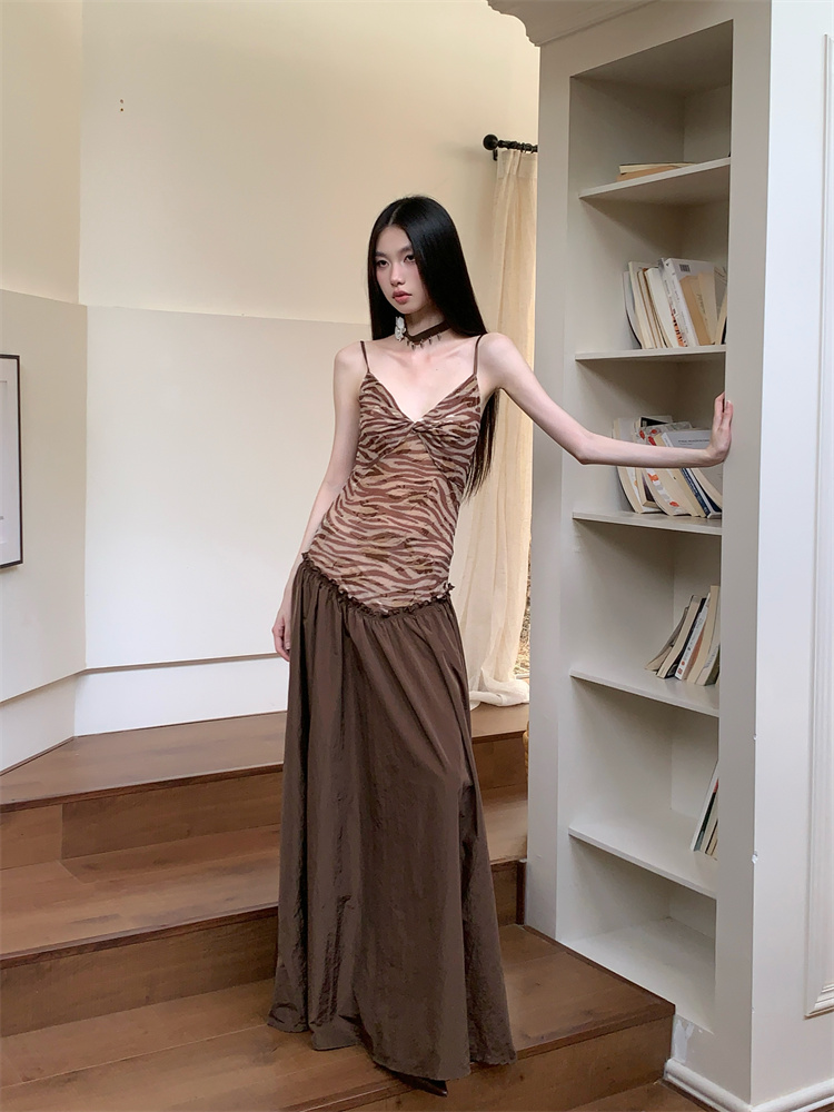 Pinched waist V-neck long dress sling splice dress