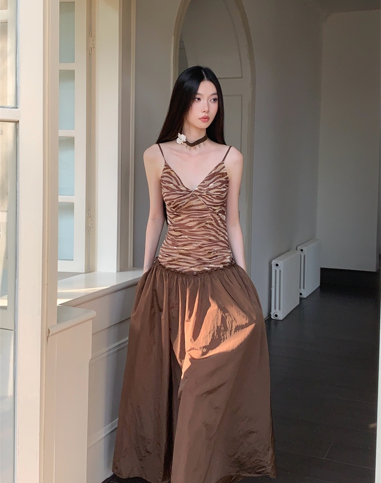 Pinched waist V-neck long dress sling splice dress