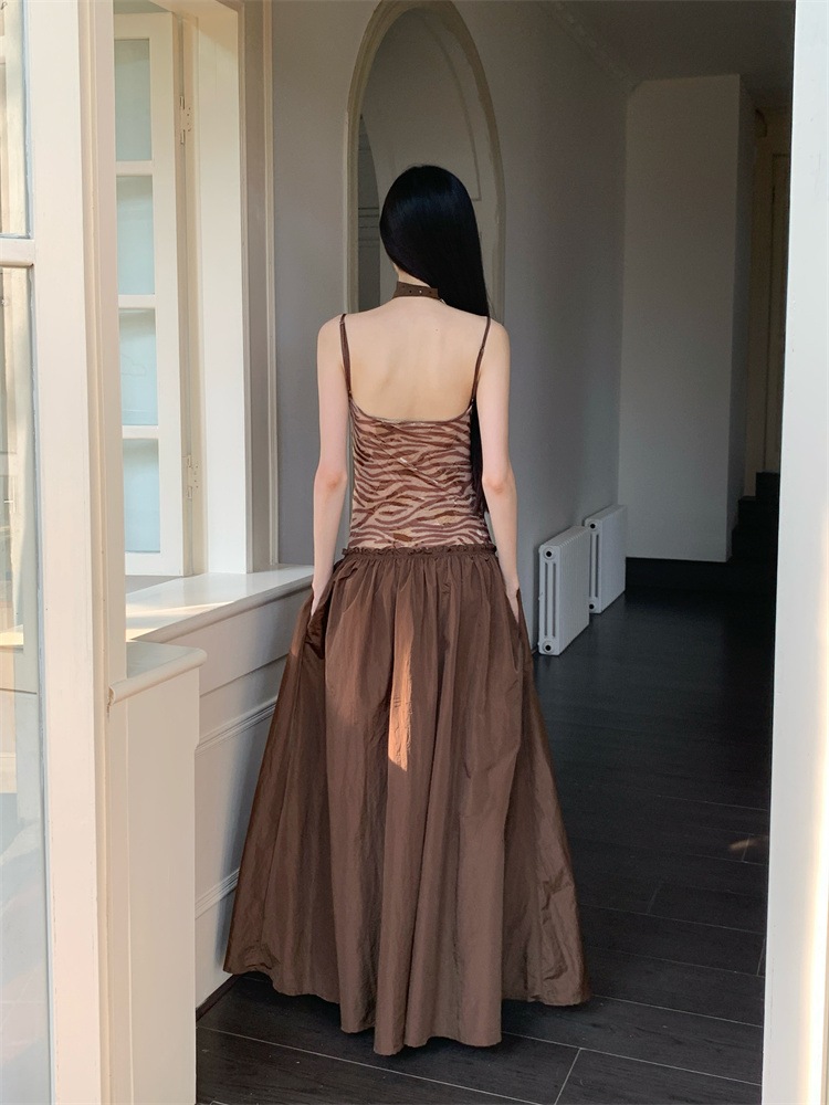 Pinched waist V-neck long dress sling splice dress