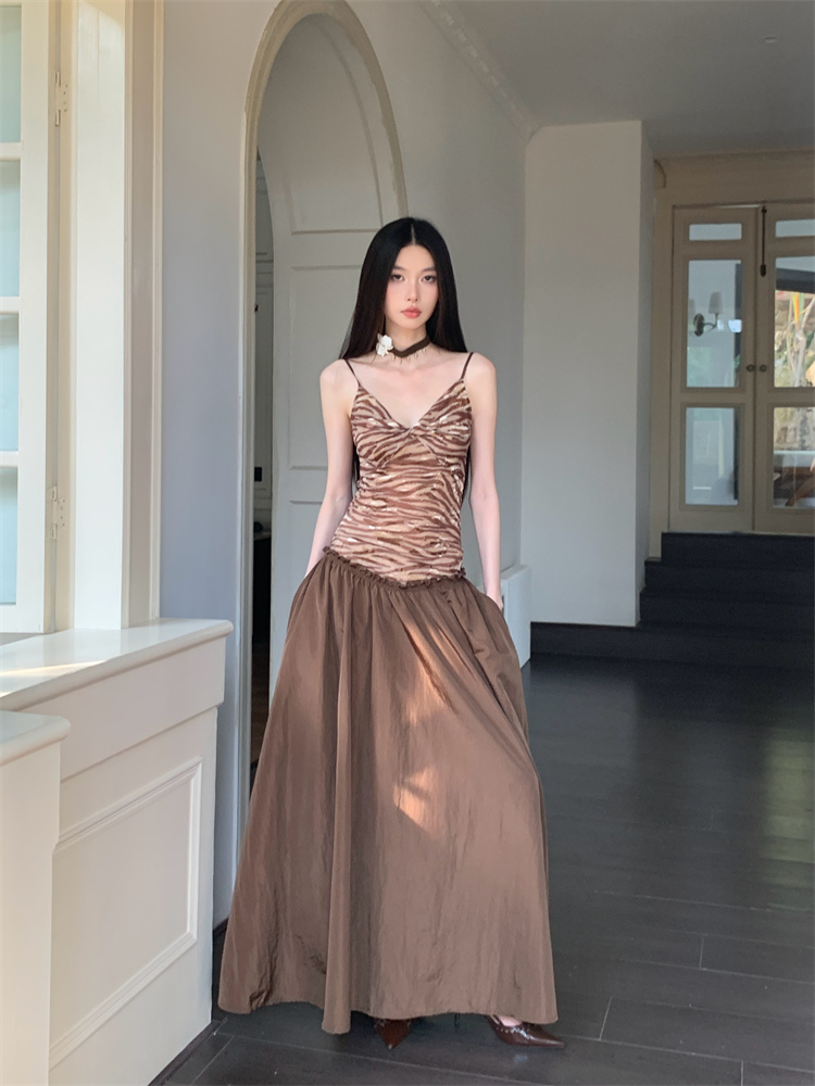 Pinched waist V-neck long dress sling splice dress