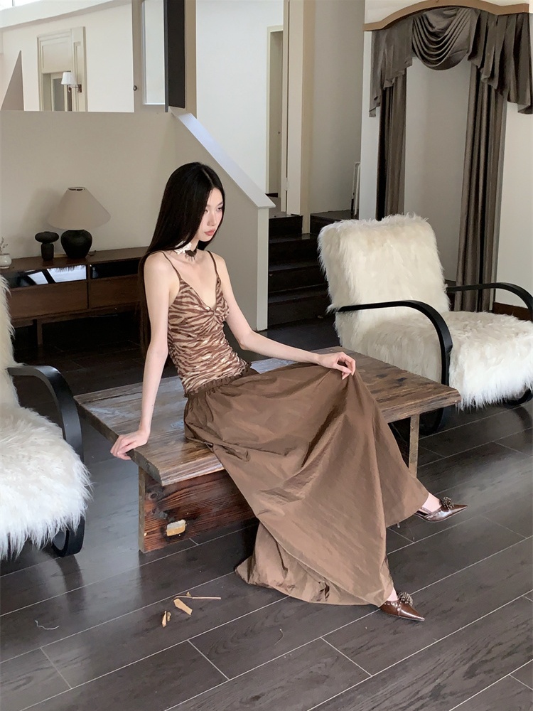 Pinched waist V-neck long dress sling splice dress