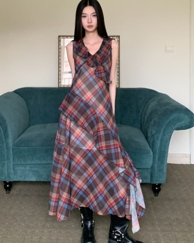 Lotus leaf edges plaid irregular dress for women