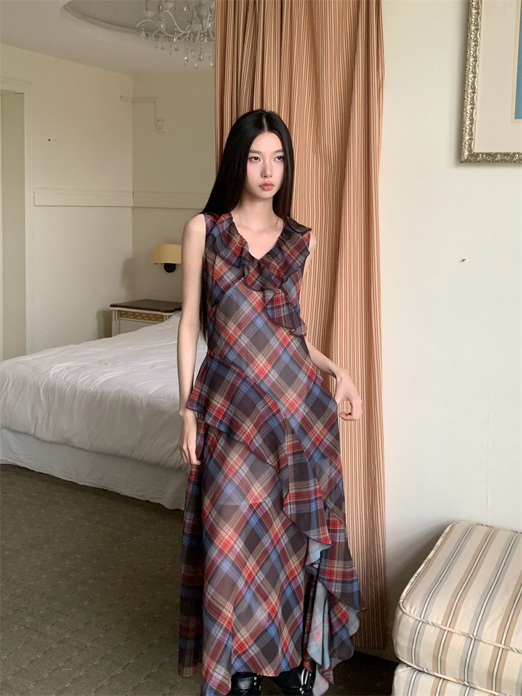 Lotus leaf edges plaid irregular dress for women