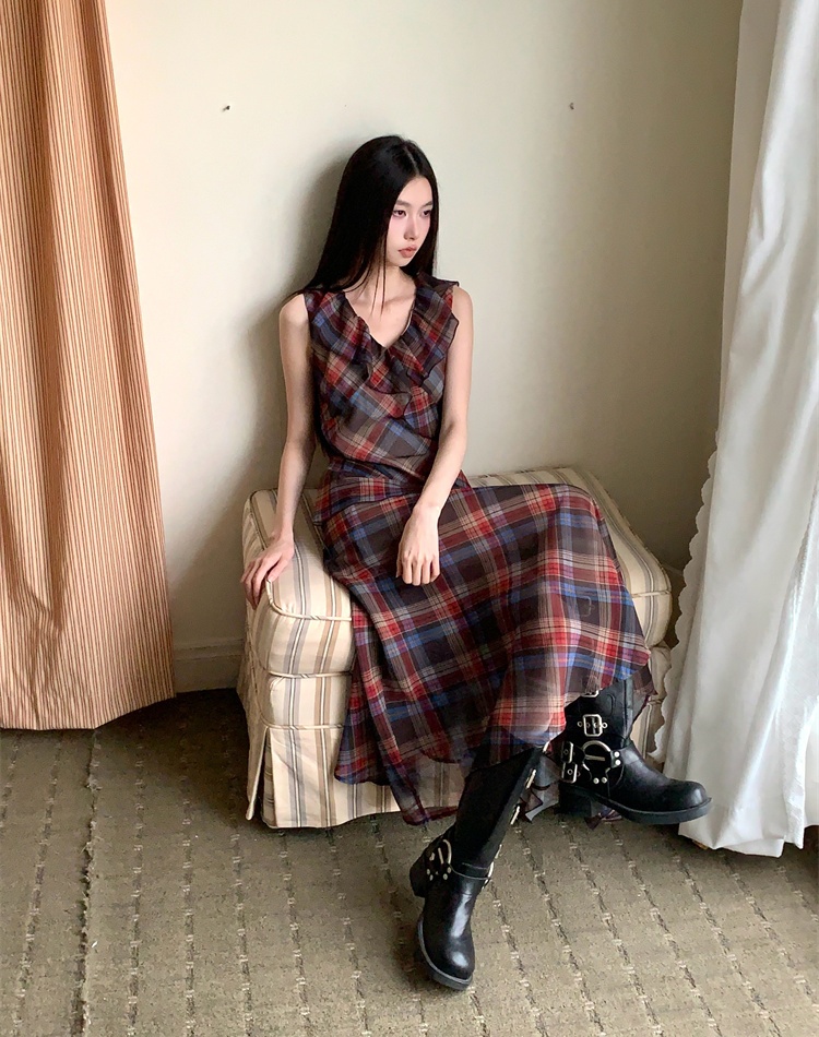 Lotus leaf edges plaid irregular dress for women
