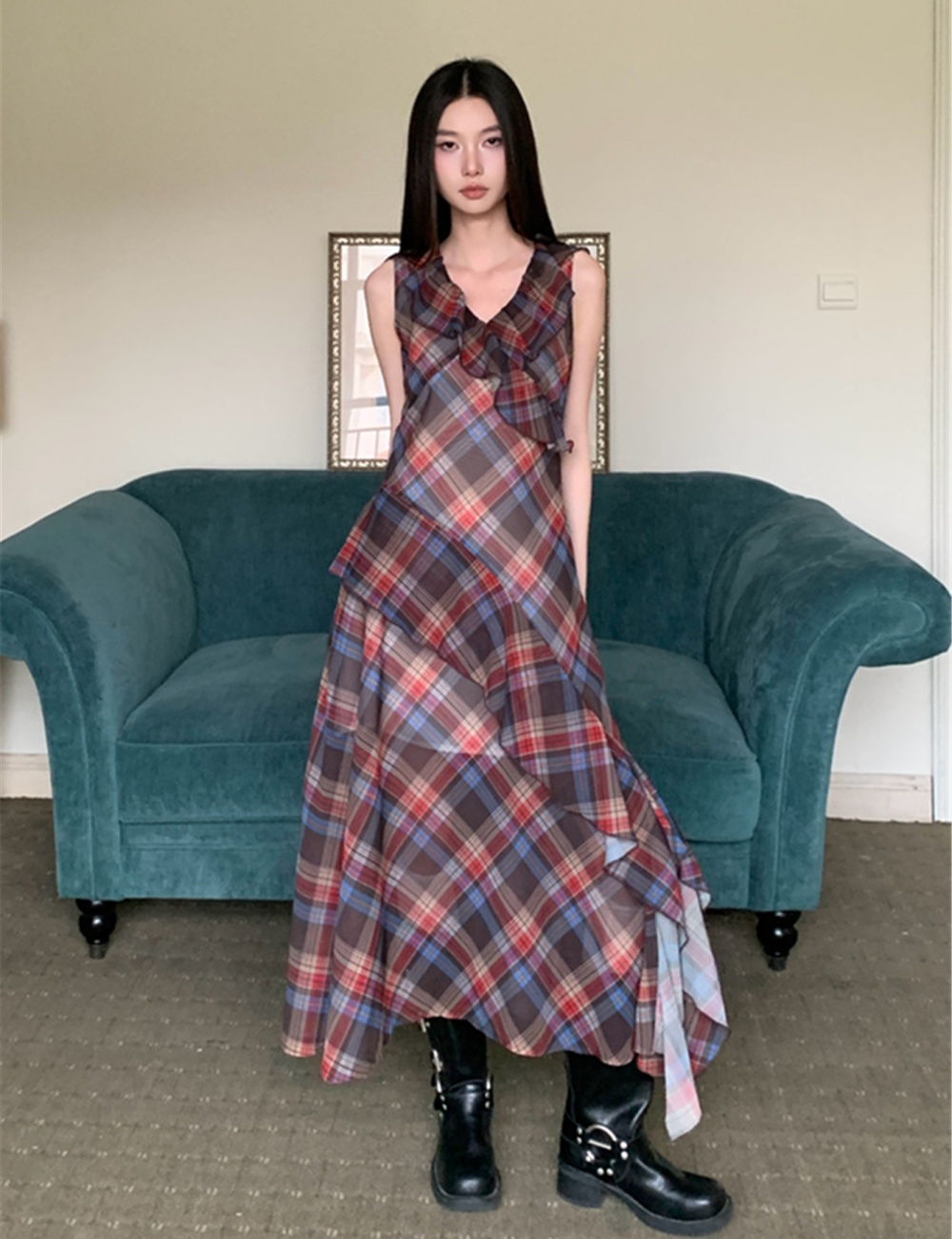 Lotus leaf edges plaid irregular dress for women