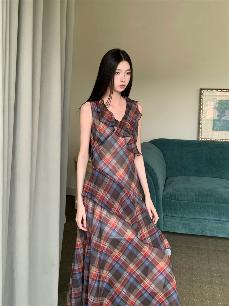 Lotus leaf edges plaid irregular dress for women