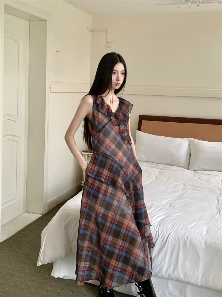 Lotus leaf edges plaid irregular dress for women