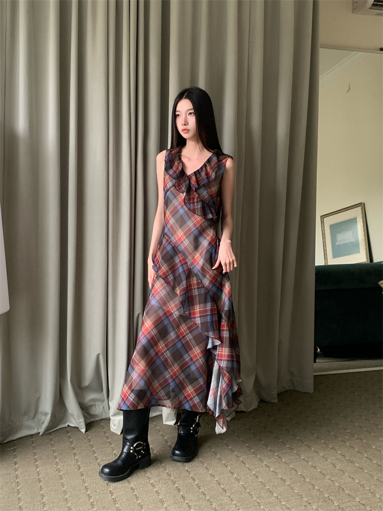 Lotus leaf edges plaid irregular dress for women