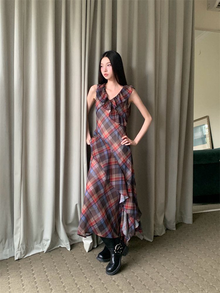Lotus leaf edges plaid irregular dress for women
