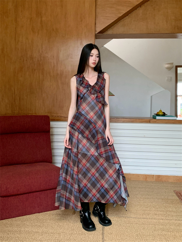 Lotus leaf edges plaid irregular dress for women