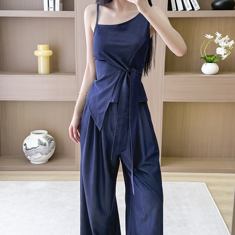 Bandage autumn wide leg pants strapless summer tops 2pcs set