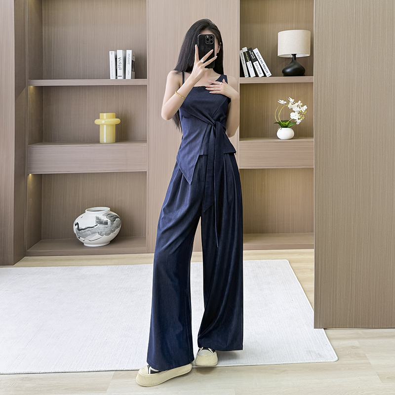 Bandage autumn wide leg pants strapless summer tops 2pcs set
