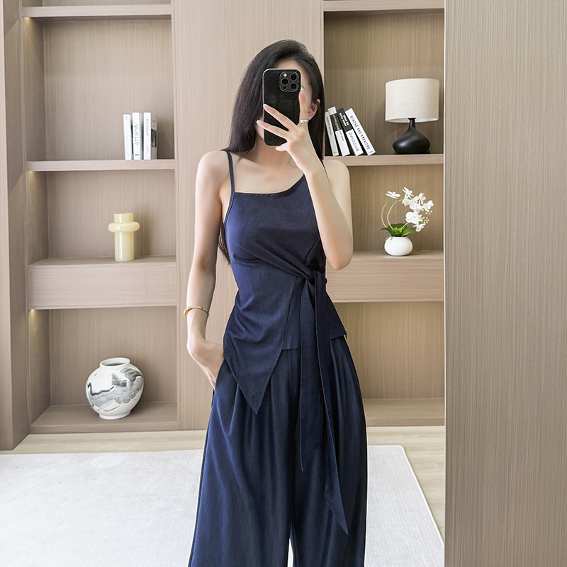 Bandage autumn wide leg pants strapless summer tops 2pcs set