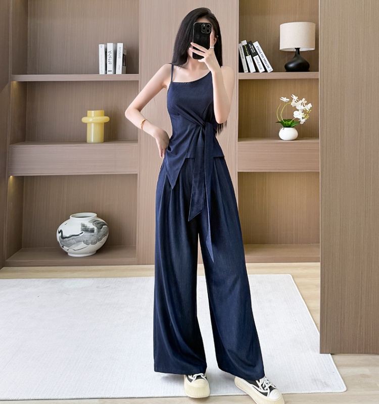 Bandage autumn wide leg pants strapless summer tops 2pcs set