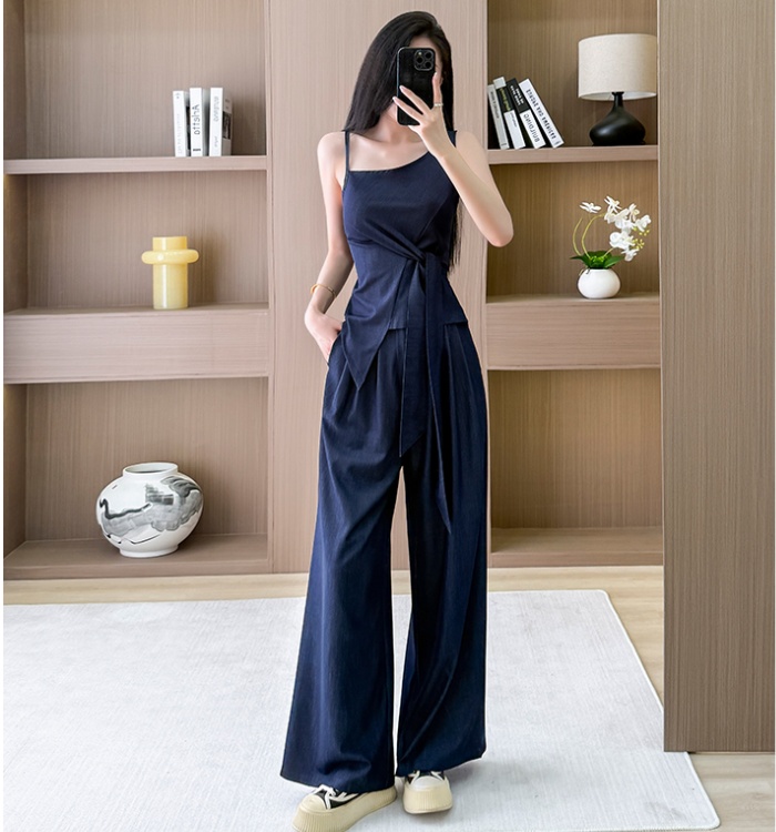 Bandage autumn wide leg pants strapless summer tops 2pcs set