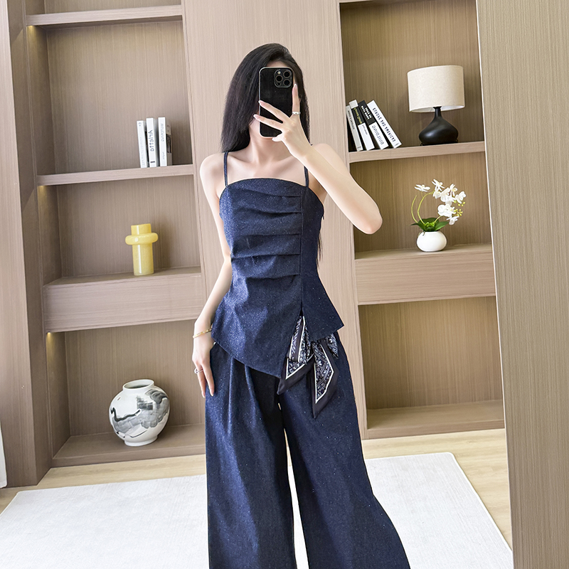 Wrapped chest retro sling wide leg pants a set for women