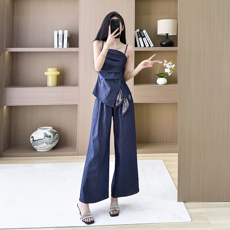 Wrapped chest retro sling wide leg pants a set for women