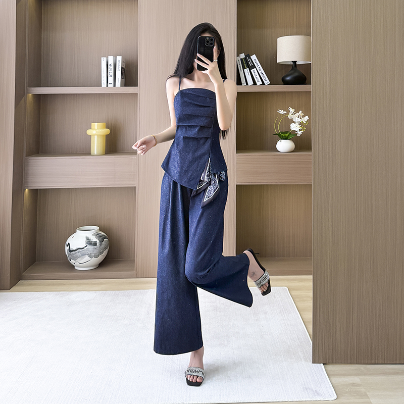 Wrapped chest retro sling wide leg pants a set for women
