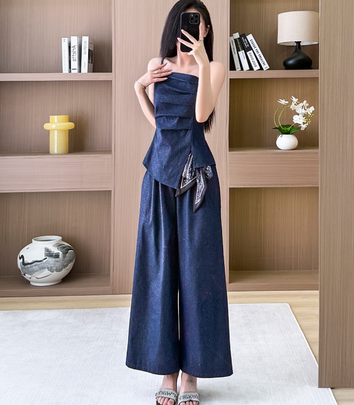 Wrapped chest retro sling wide leg pants a set for women