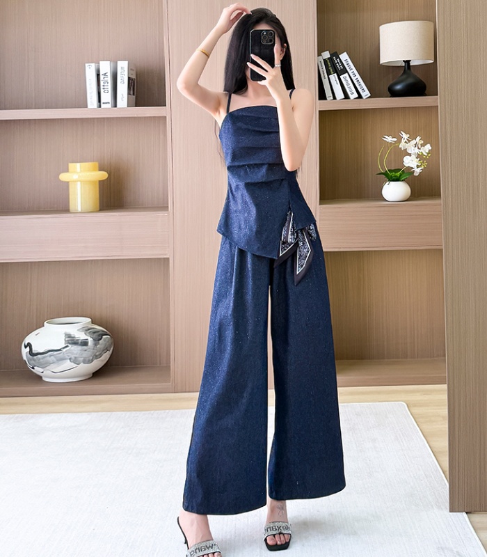 Wrapped chest retro sling wide leg pants a set for women