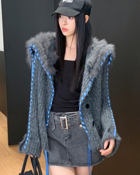 Slim mixed colors coat autumn and winter fox fur cardigan