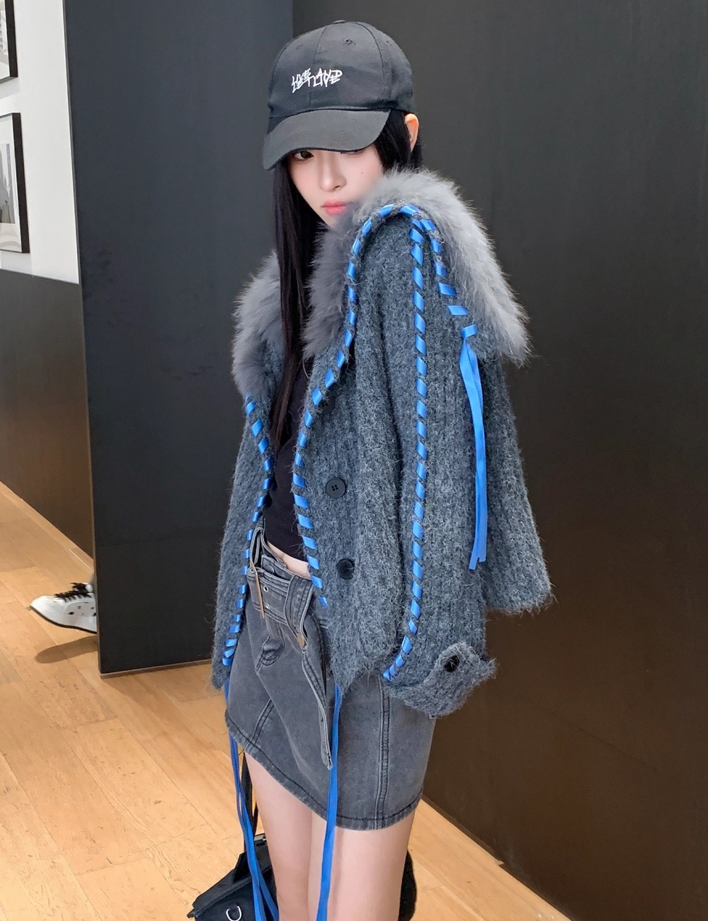 Slim mixed colors coat autumn and winter fox fur cardigan