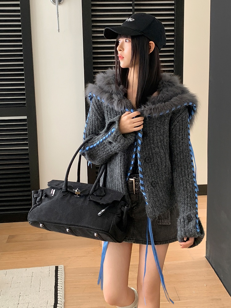 Slim mixed colors coat autumn and winter fox fur cardigan