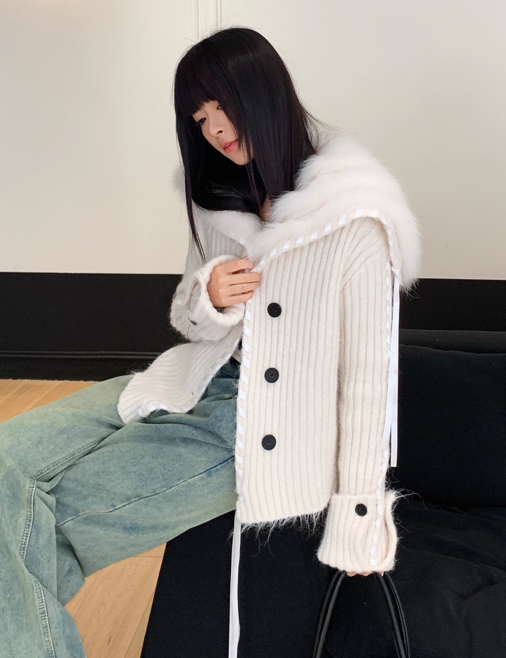 Slim mixed colors coat autumn and winter fox fur cardigan