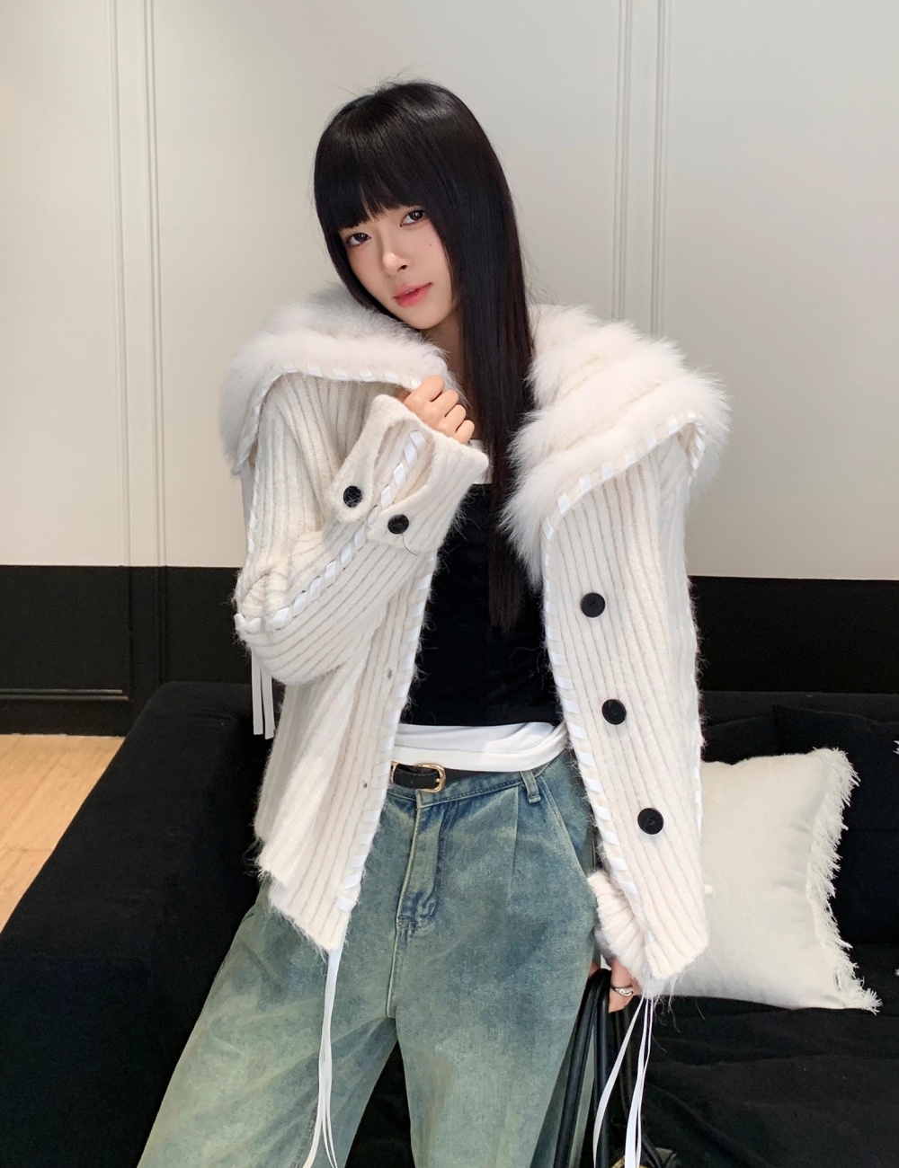 Slim mixed colors coat autumn and winter fox fur cardigan
