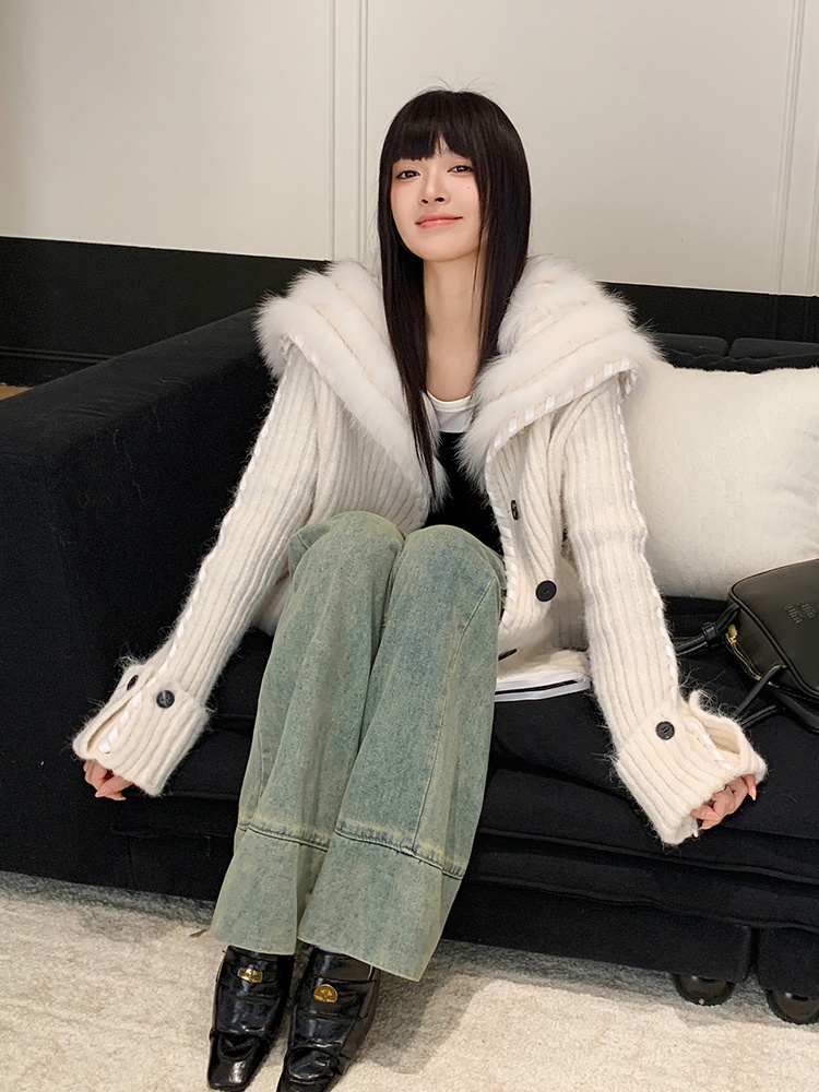 Slim mixed colors coat autumn and winter fox fur cardigan
